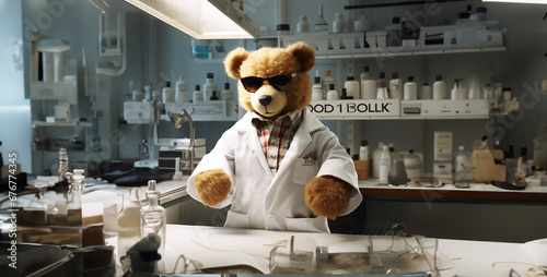 person in a factory, polo ralph lauren teddy bear in a lab coat on his