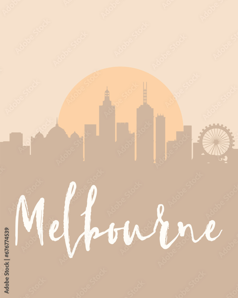 City poster of Melbourne with building silhouettes at sunset