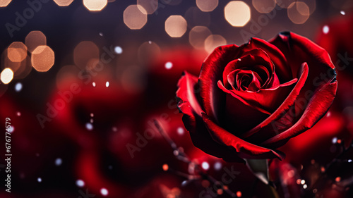 Valentines day background with red rose petals and bokeh lights  symbol of love  romance and commitment