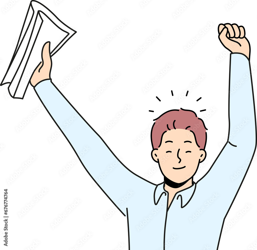 Happy businessman with papers in hands celebrating signing of successful business contract