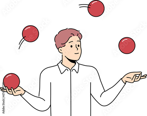 Business man juggles balls to demonstrate multitasking skills and ability to maintain balance