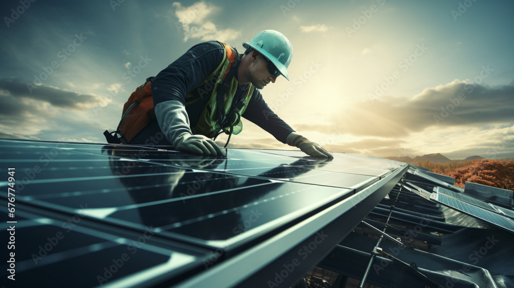 solar panel installer putting the panel on top of a roof solar panel installer putting the panel on top of a roof