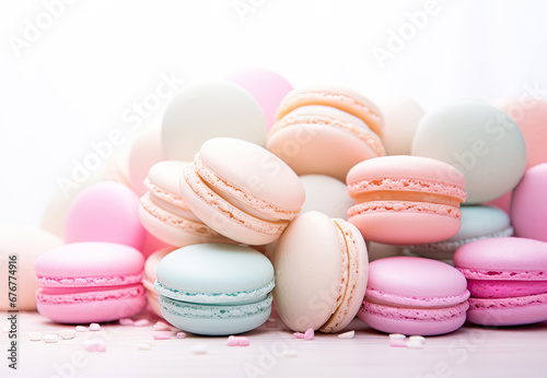 French macarons in soft pastel colors on white background