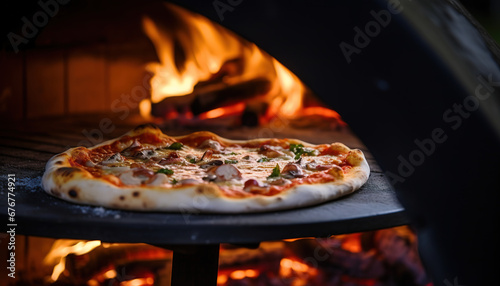 Pizza close-up, blurred background with flames from the wood-fired oven, dreamy atmosphere
