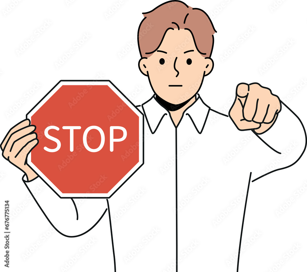Man with stop sign in hands says access is denied and points finger at screen warning about stopping Man with stop sign in hands says access is denied and points finger at screen warning about stopping