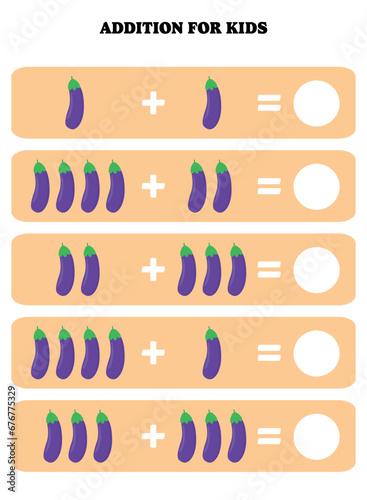 Addition page for kids. Educational math game for children with eggplant. Printable worksheet design. Learning mathematic.