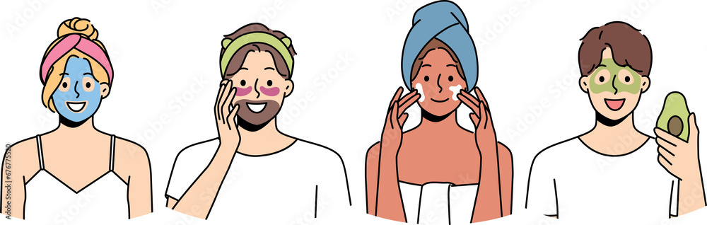 People with beauty masks on faces use organic creams to get rid of wrinkles and rejuvenate skin People with beauty masks on faces use organic creams to get rid of wrinkles and rejuvenate skin