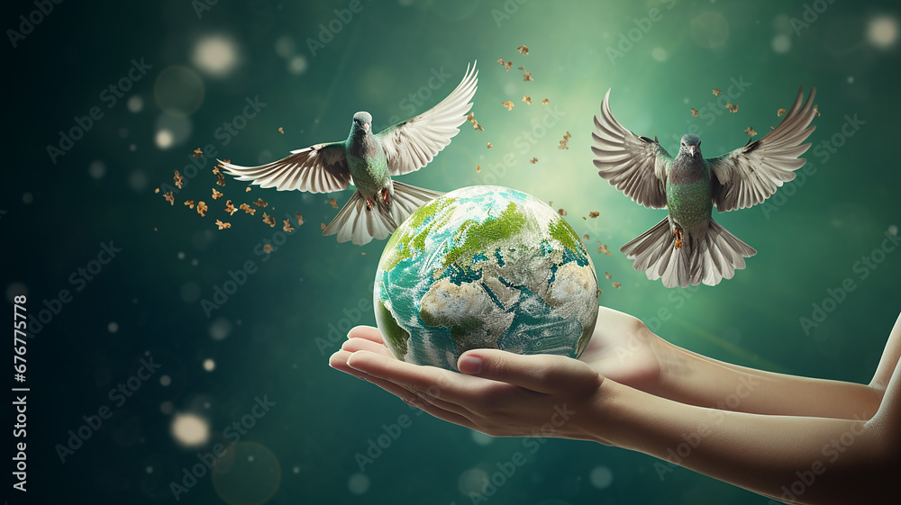 Many hands person holding the earth There are pigeons flying around.on a green background to protect nature Save and care World for sustainable. concept of the environment  - obrazy, fototapety, plakaty 