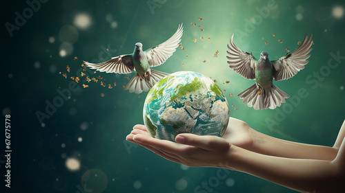 Many hands person holding the earth There are pigeons flying around.on a green background to protect nature Save and care World for sustainable. concept of the environment 