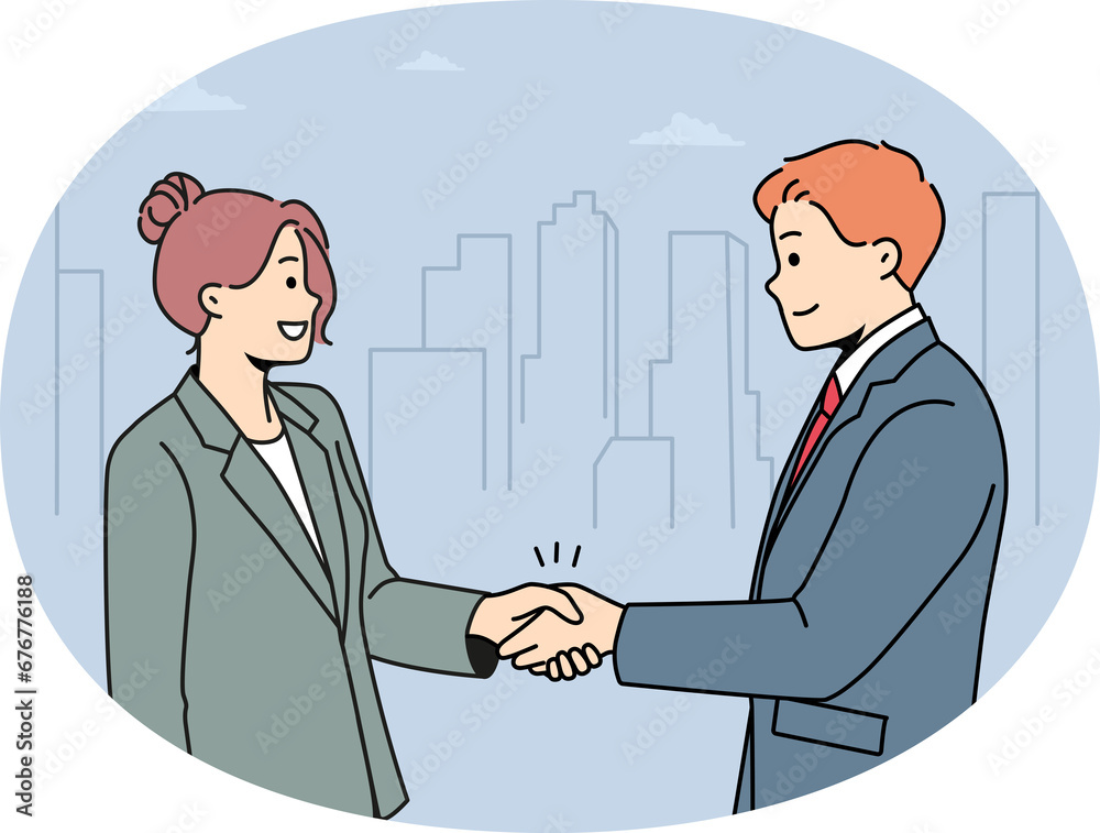 Smiling businesspeople handshake closing deal Smiling businesspeople handshake closing deal