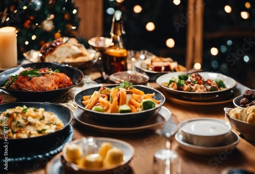 AI illustration of a festive Christmas dining table with various dishes