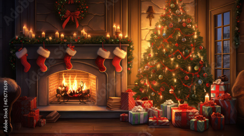 Christmas Ambiance, Fireplace and Beautifully Trimmed Tree