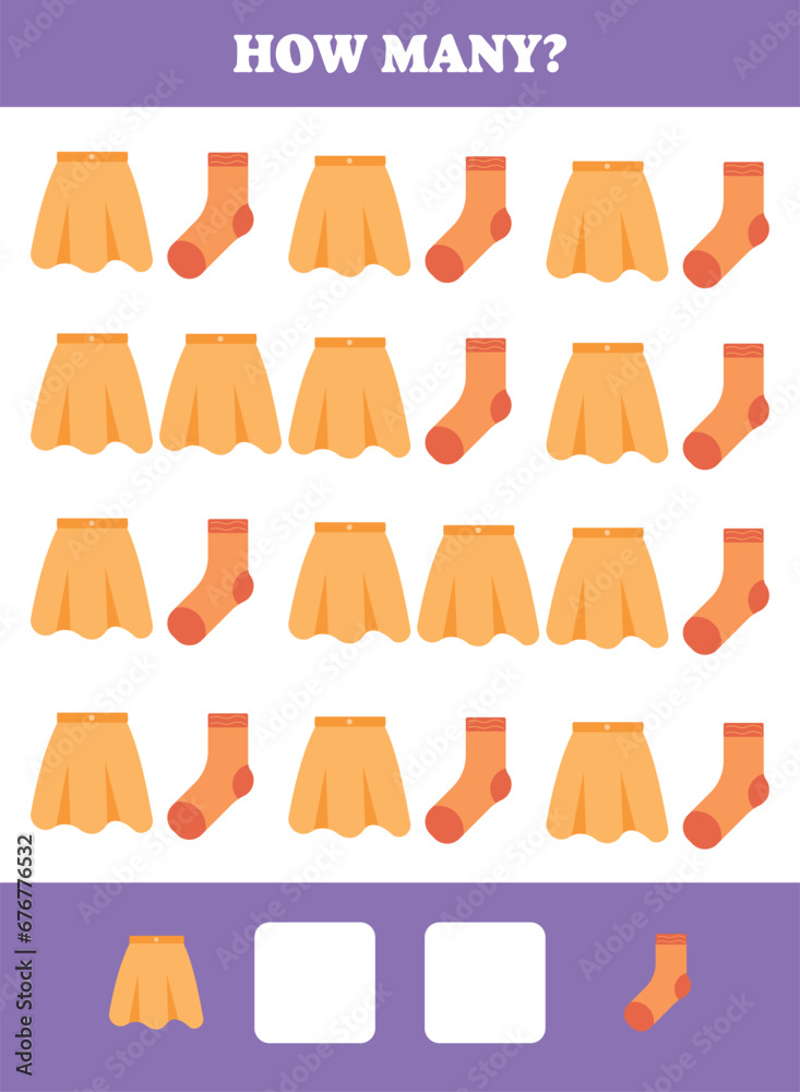 How many cloth are there? Educational math game for kids. Printable worksheet design for preschool, kindergarten or elementary students. Learning mathematic. Counting exercise. How many cloth are there? Educational math game for kids. Printable worksheet design for preschool, kindergarten or elementary students. Learning mathematic. Counting exercise.