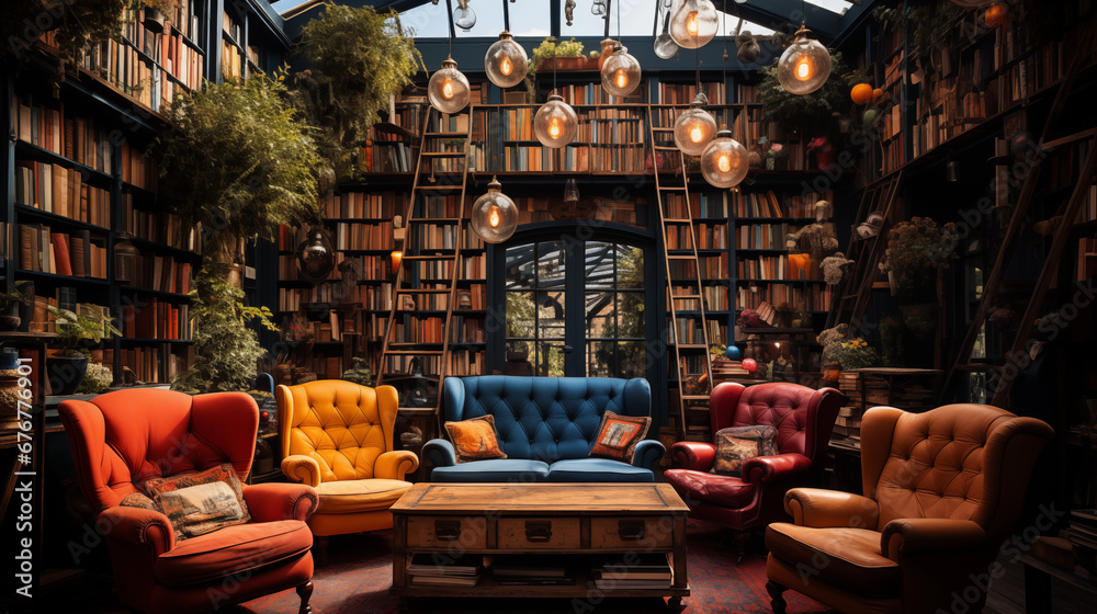 Bookstore Wonderland: An image of a vibrant and eclectic bookstore with floor-to-ceiling shelves and inviting reading corners - obrazy, fototapety, plakaty 