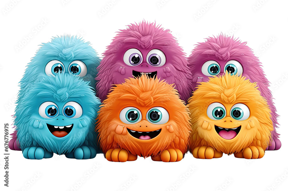 Cartoon hairy monsters. isolated on PNG Background. Generative Ai.