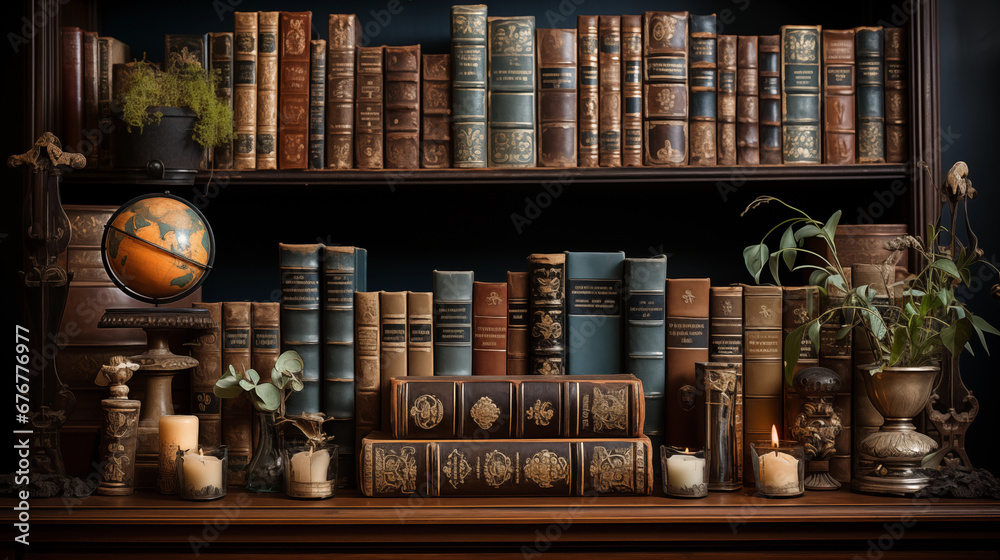 Vintage Book Collection: A carefully arranged display of vintage books with ornate covers, creating a sense of nostalgia and history
