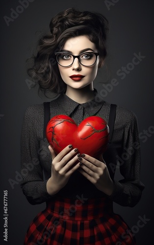 Young Caucasian woman with long curly hair, wearing black glasses, holding a cracked red heart. Valentine's Day concept. Vertical format.