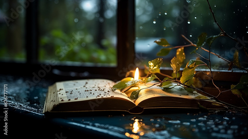 Open Book on a Rainy Day: An artistic capture of an open book on a windowsill with raindrops on the glass, adding a touch of melancholy photo