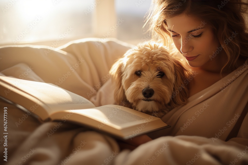 A young woman reading a book while lying in bed in the morning light, with a dog lying next to her. A young woman reading a book while lying in bed in the morning light, with a dog lying next to her.