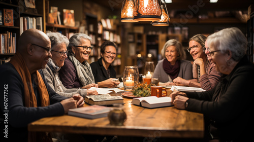 Book Club Gathering: An image capturing the camaraderie of a book club meeting with people engaged in lively discussions amidst books photo