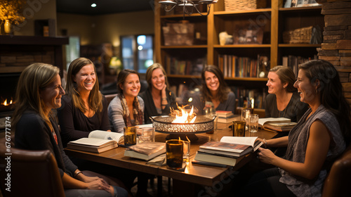 Book Club Gathering: An image capturing the camaraderie of a book club meeting with people engaged in lively discussions amidst books photo