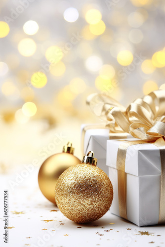 Gold Christmas balls and a gift box.