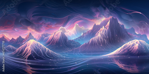 Multiple waves in mountains, futuristic digital art blending realism and fantasy.