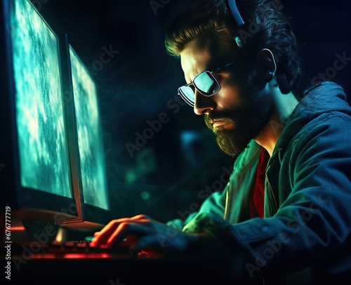 A young Caucasian bearded man wearing glasses sits in front of two monitors in a dark room, emphasizing an atmosphere of concentration and data handling. The concept of cybersecurity.