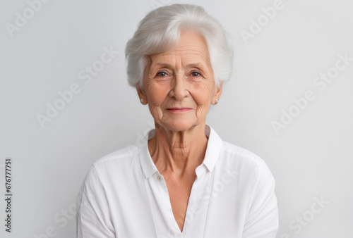 Elderly woman portrait looking to camera on gray background. AI generative
