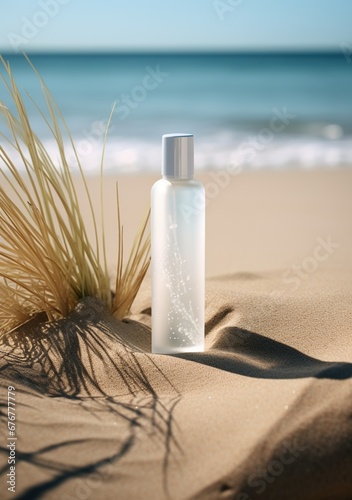 A white bottle of cosmetic product with a beach and sea in the background, the bottle stands in the sand next to a clump of dry vegetation, casting a shadow on the sand. 