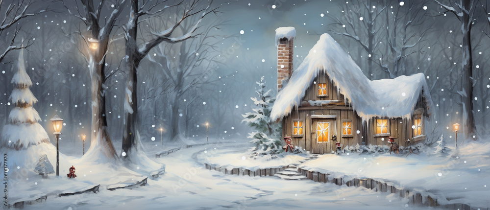 Illustration of a house with a pine forest covered with white snow in winter. Christmas background concept, photo 21:9 Illustration of a house with a pine forest covered with white snow in winter. Christmas background concept, photo 21:9