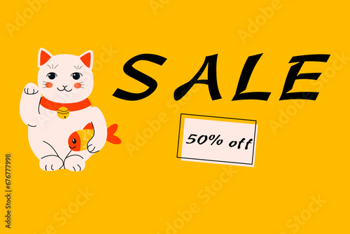 marketing card, discount with cat maneki and fish
