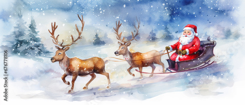 Illustration of Santa Claus with reindeer sleigh running on white snow in a village with pine forest in winter. Christmas background concept. 21:9 ratio photo
