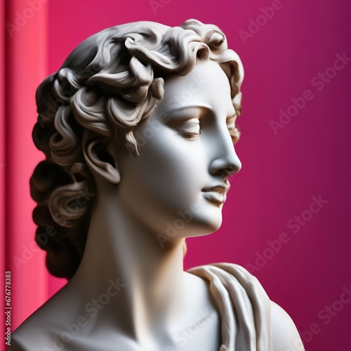 antique statue of a female head on a pink background. beauty of face and hair.
