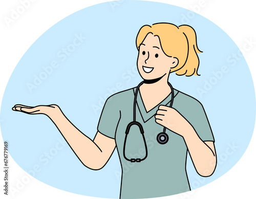 Smiling female doctor show good deal