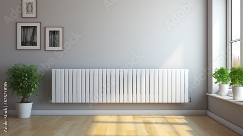 Heater radiator on house floor and wall background, Heating home photo