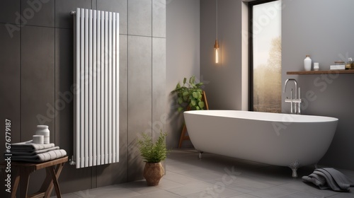 Heater radiator in a modern bathroom background, Heating home photo