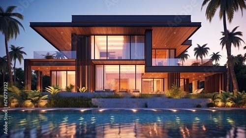 3d rendered modern house illuminated during evening time