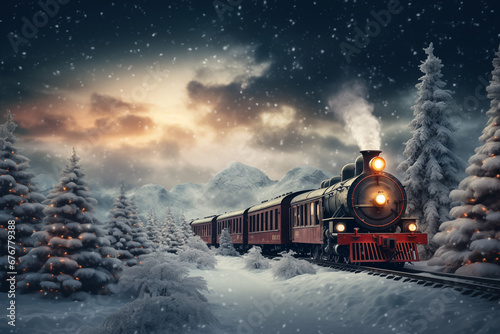 Train d'hiver - Paysage enneigé de noël - Illustration de Noël - Hiver et fête de saison photo