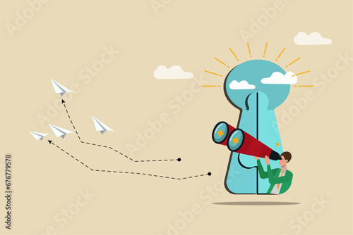 Visionography to the success, in looking for long-term profit, the businessman is observing his future through three eye cameras, Email marketing campaign, subscription newsletter or online announceme