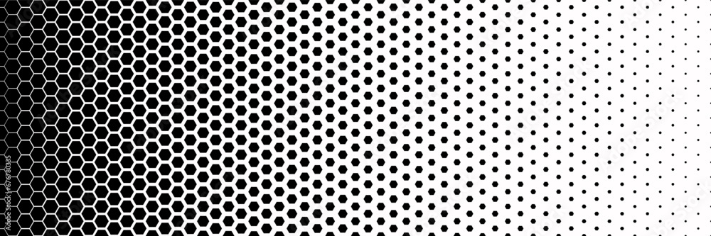 Horizontal gradient of black and white hexagon halftone texture vector illustration black and white dot background - obrazy, fototapety, plakaty 