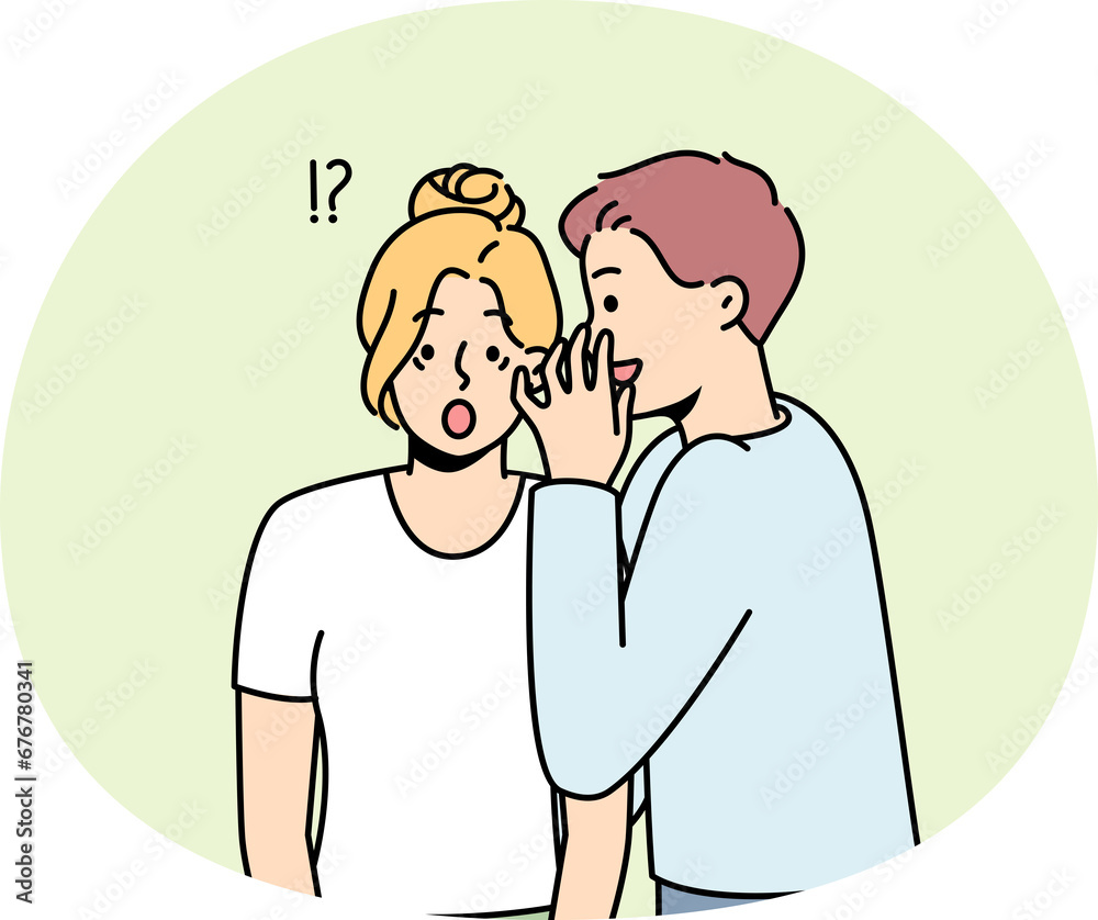 Man whisper secret information to shocked woman Man whisper secret information to shocked woman