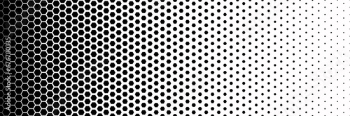 Horizontal gradient of black and white hexagon halftone texture vector illustration black and white dot background © Chanon