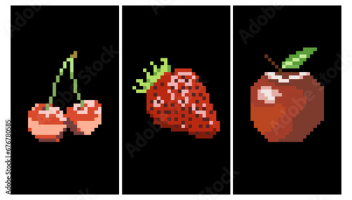 pixel art background fruit apple, strawberry, cherry card background 8 bit 16 bit retro, red fruit