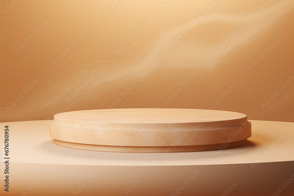 Neutral beige podium display background. Round stand for cosmetic products. Beauty product promotion mockup with pedestal near empty wall. Neutral beige podium display background. Round stand for cosmetic products. Beauty product promotion mockup with pedestal near empty wall.