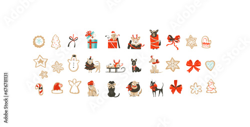 Hand drawn vector abstract cartoon Merry Christmas and Happy new year clipart illustrations elements set with dogs and gingerbread cookies.Merry Christmas cute design.Winter holiday decoration.