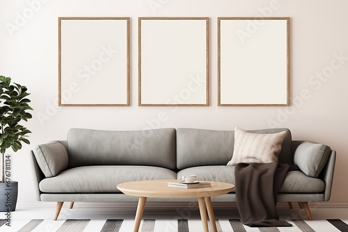 Three empty vertical picture frames in a modern japandi living room with grey sofa and minimalist table. Wall art mockup. photo