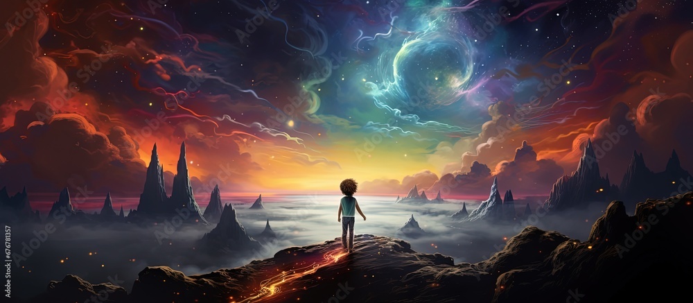 painting style illustration a boy walking, under starry night sky, Generative Ai - obrazy, fototapety, plakaty 