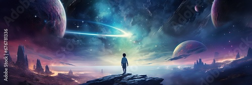 painting style illustration a boy walking  under starry night sky  Generative Ai