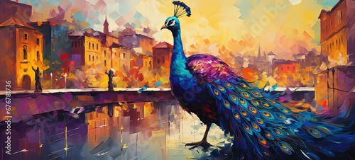 painting style illustration of an elegant peacock with cityscape view, Generative Ai